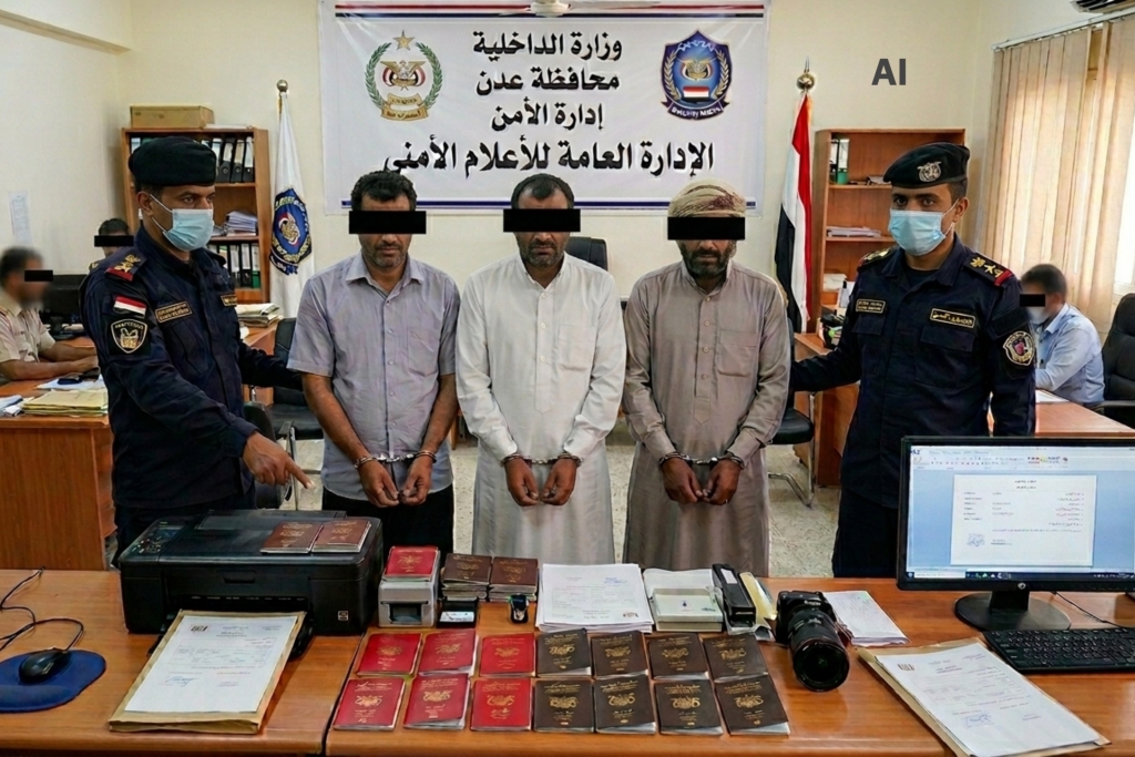 الإعلام الأمني: ضبط 3 أشخاص في العاصمة المؤقتة عدن بتهمة تزوير جوازات سفر وإحالتهم للإجراءات القانونية