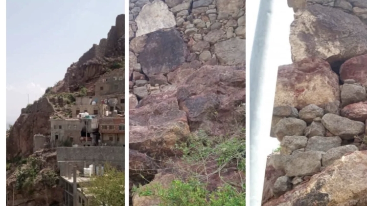 انهيار صخري يهدد 15 منزلاً غرب قلعة القاهرة في تعز وتحذيرات من مخاطر وشيكة
