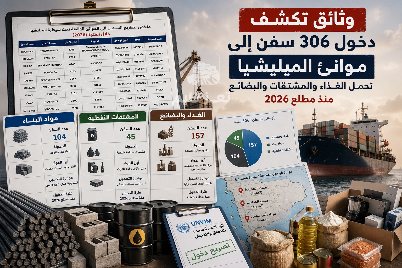 تعز تايم ينشر وثائق تكشف دخول 306 سفن محملة بالغذاء والمشتقات النفطية ومواد البناء إلى موانئ المليشيا منذ مطلع 2026