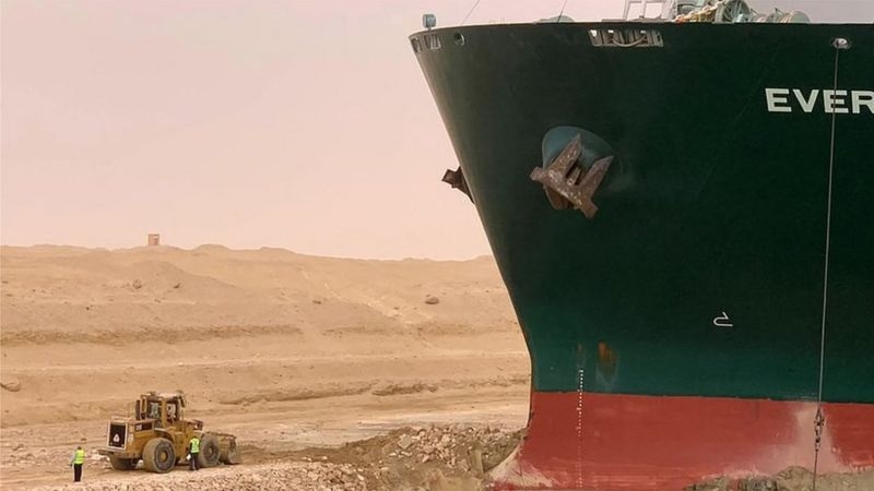 سفينة عملاقة جانحة بقناة السويس وجرافة صغيرة تثيران موجة سخرية بمواقع التواصل