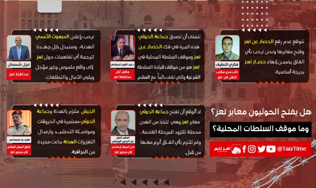 "تعز تايم" يسأل السلطات المحلية: هل سيفتح الحوثيون معابر تعز وما موقفها من اتفاق الهدنة؟